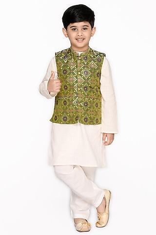 leafy green nehru jacket with kurta set for boys
