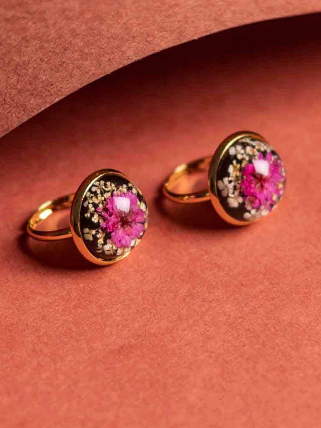 leafyaffair set of 2 gold-plated enamelled ruby dreams finger ring