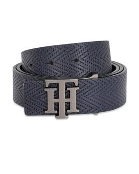 leather belt with logo buckle closure