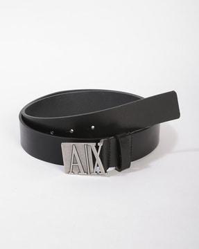 leather belt with metal logo buckle closure