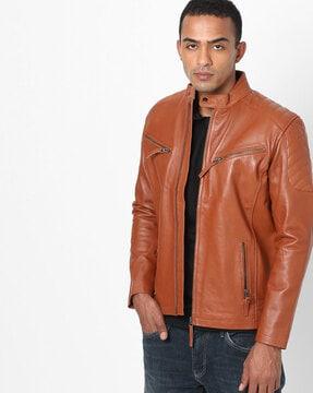 leather biker jacket with band collar