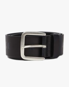 leather logo print belt with pin-buckle closure