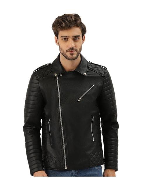 leather retail black solid full sleeves jacket