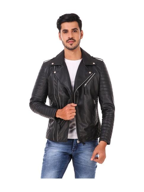 leather retail black solid regular fit jacket