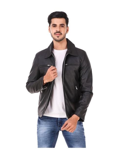 leather retail black solid shirt collar jacket