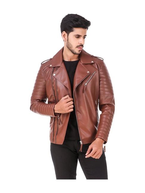 leather retail brown full sleeves jacket