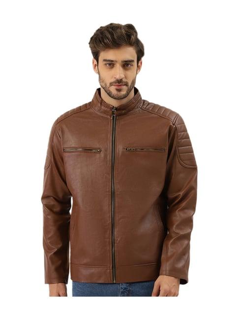 leather retail brown solid full sleeves jacket