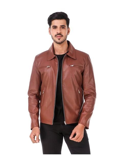 leather retail brown solid shirt collar jacket
