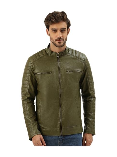 leather retail green full sleeves jacket