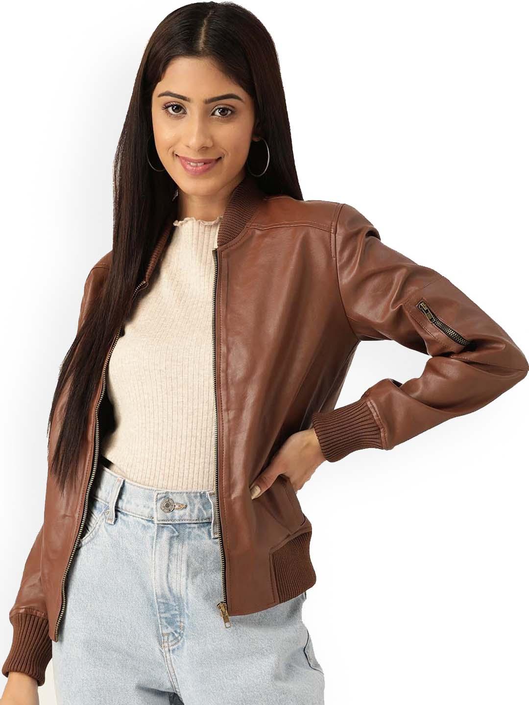 leather retail women brown crop outdoor biker jacket