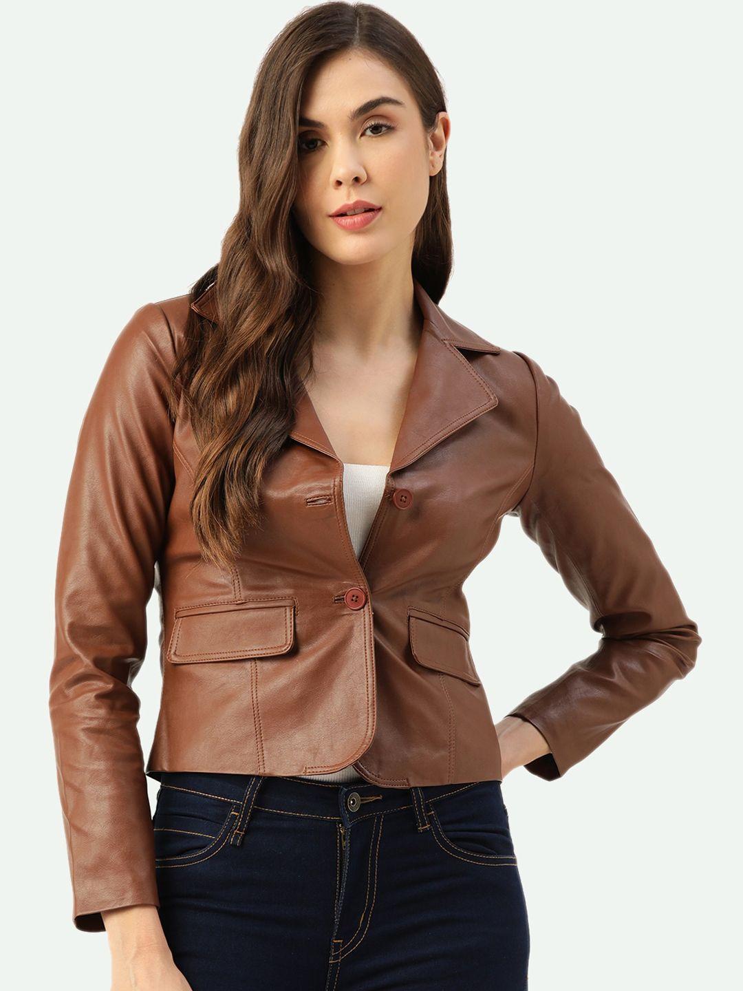 leather retail women brown crop outdoor leather jacket