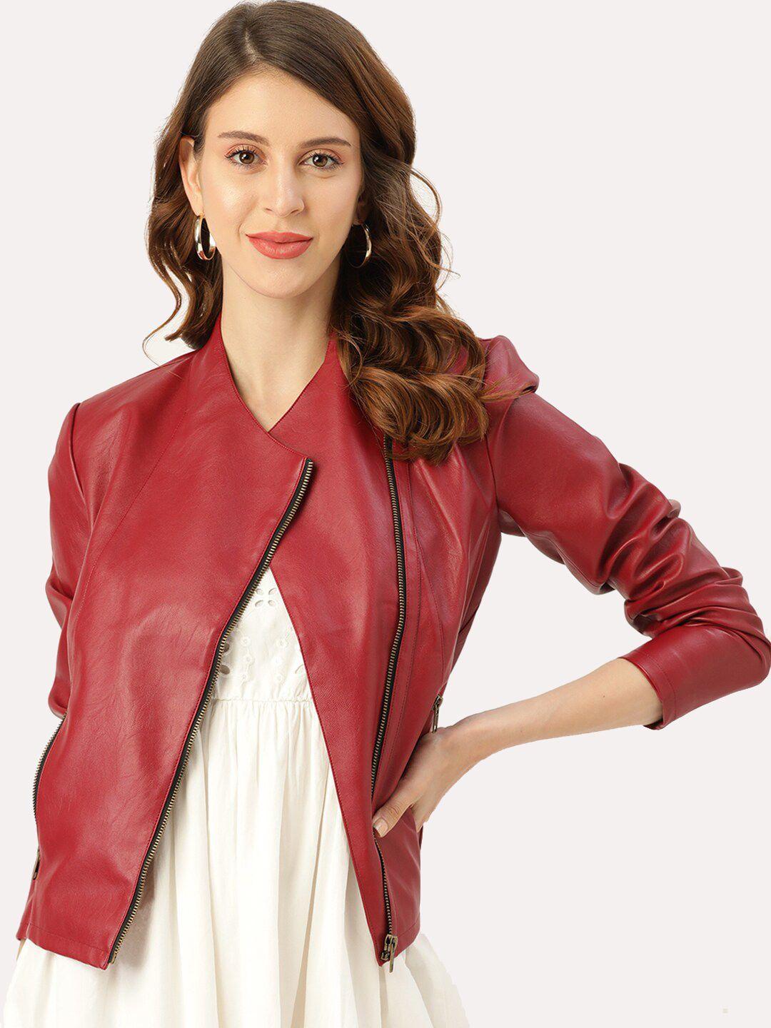 leather retail women maroon crop biker jacket