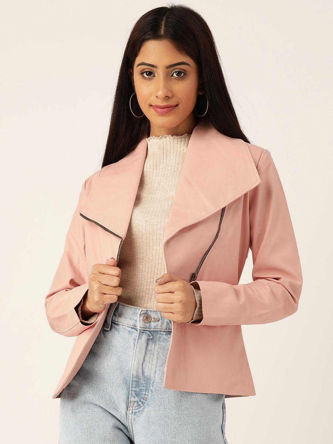 leather retail women pink solid lightweight biker jacket