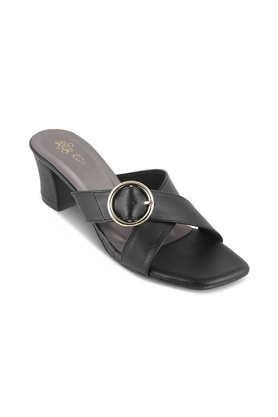 leather slip-on women's casual wear sandals - black
