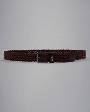 leather trimmed woven elastic belt