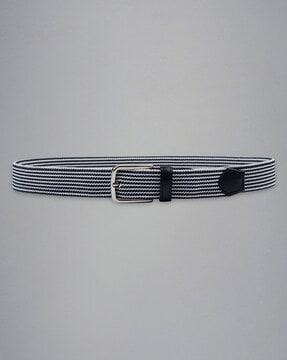 leather trimmed woven striped elastic belt