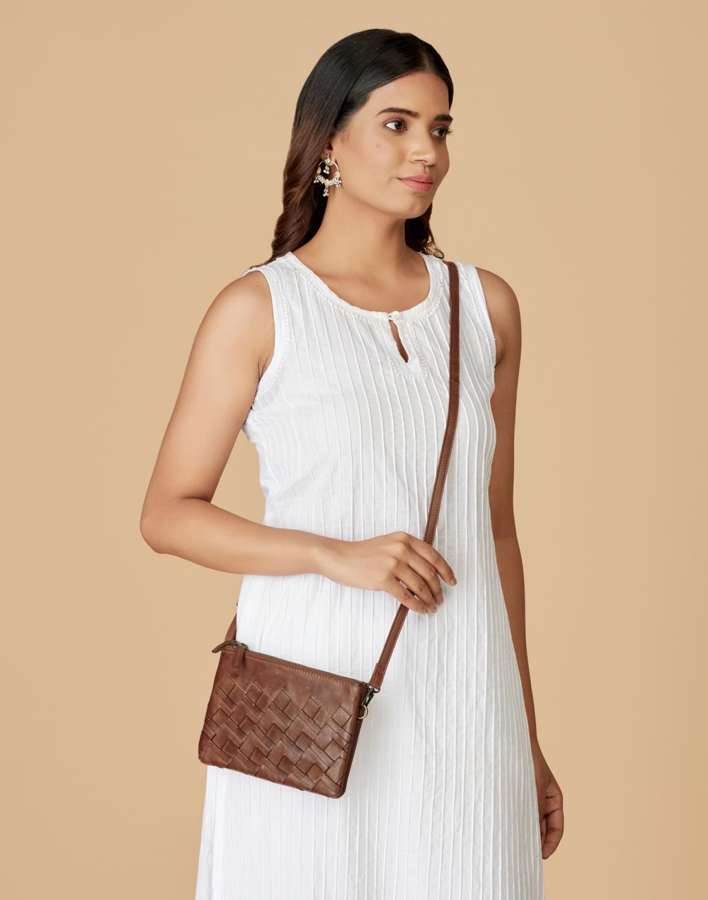 leather woven sling bag