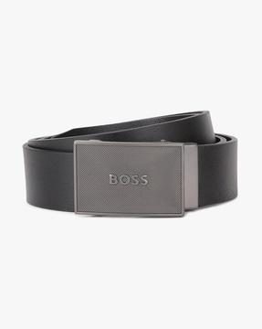 leather belt with branded metal trim