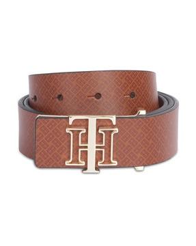 leather belt with logo buckle closure