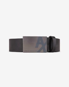 leather belt with metal logo buckle closure