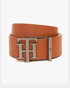 leather belt with metal logo buckle