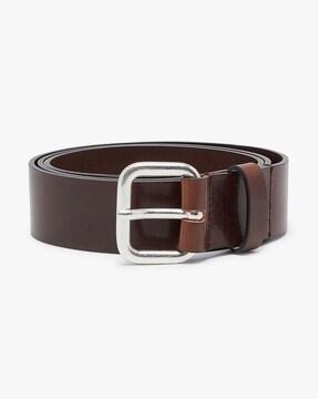 leather belt with metal logo insert