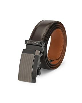leather belt with plaque buckle closure