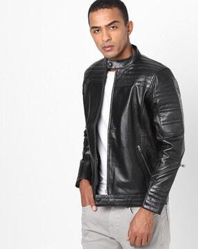 leather biker jacket with band collar