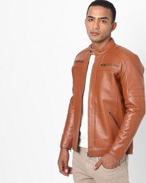 leather biker jacket with band collar