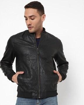 leather bomber jacket with insert pockets