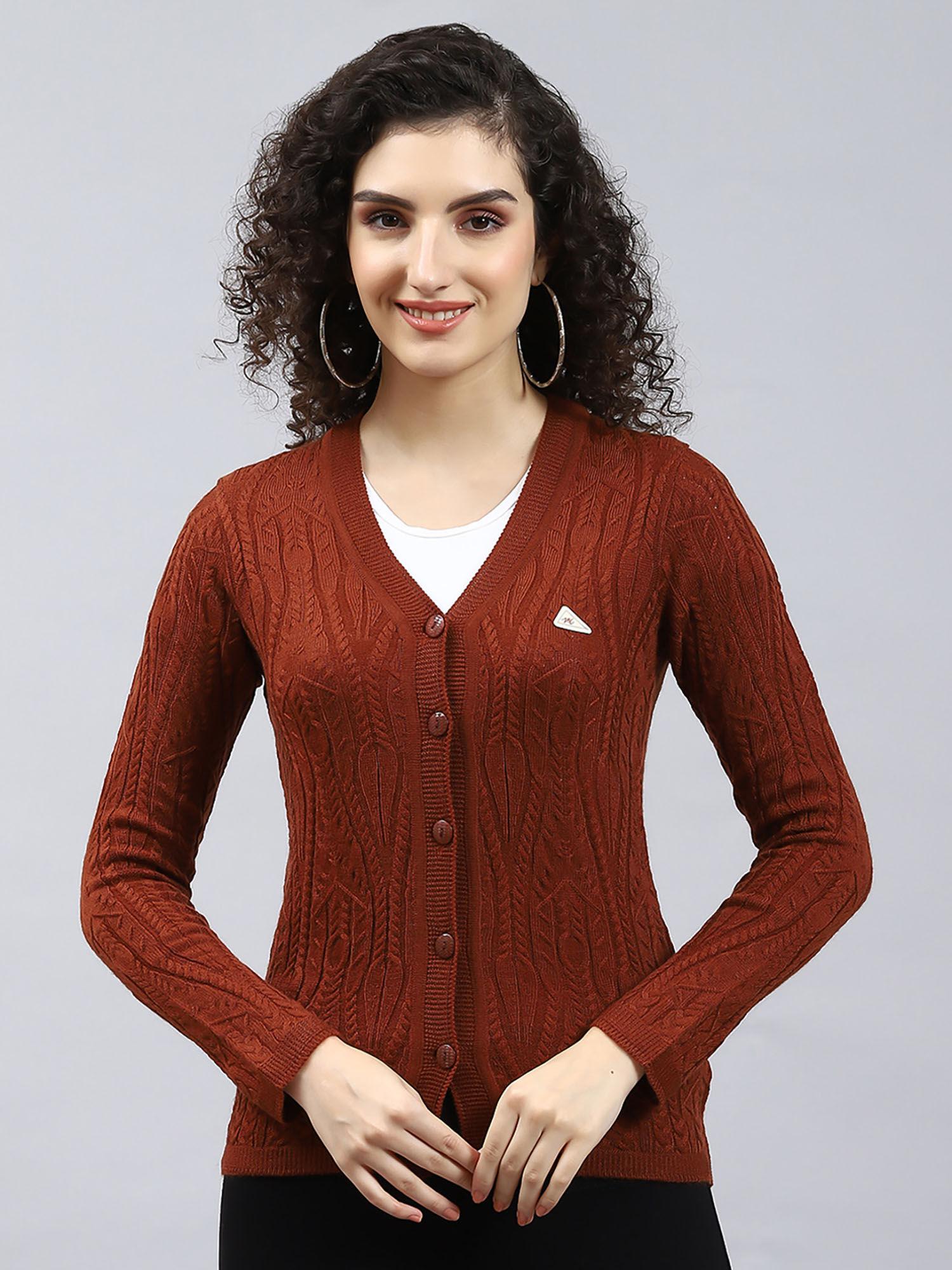 leather brown self design v neck cardigan