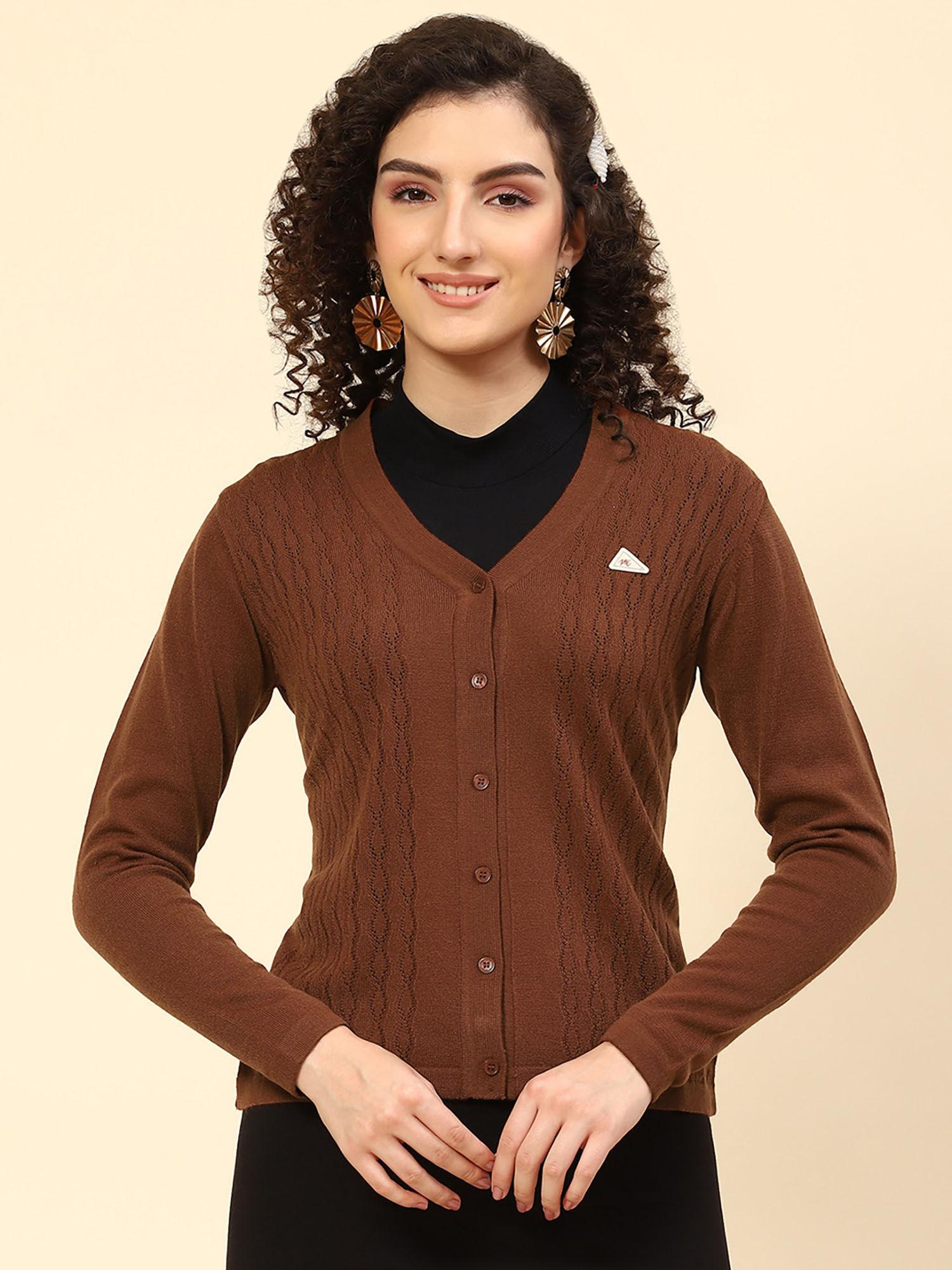 leather brown self design v neck cardigan