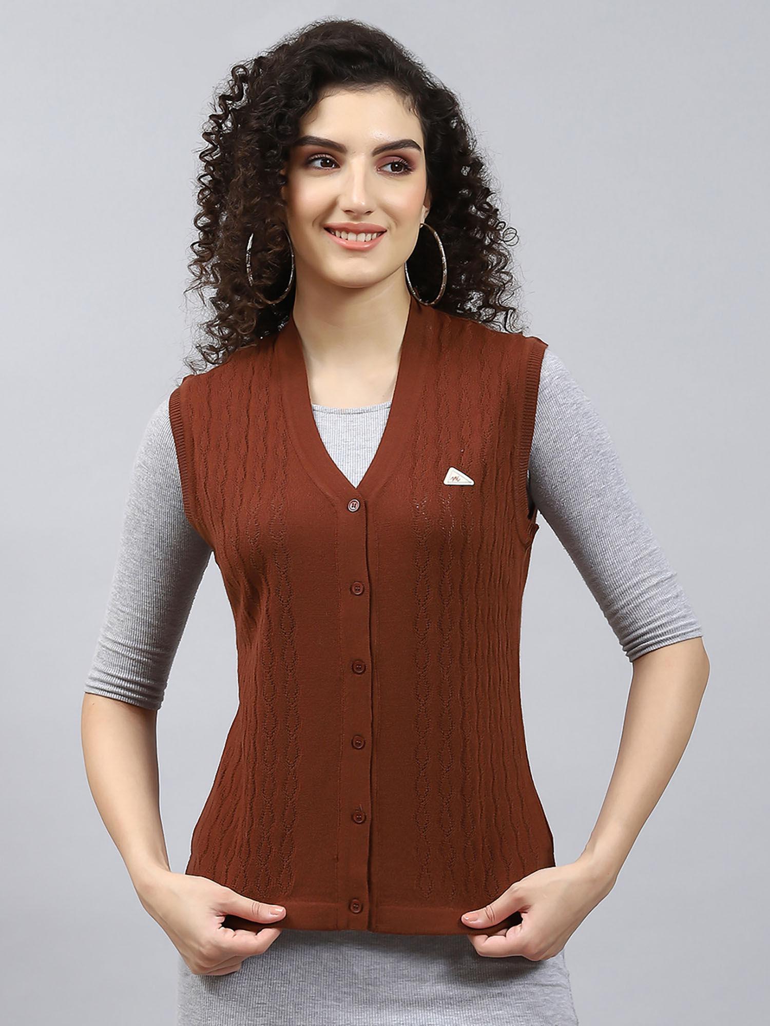 leather brown self design v neck cardigan