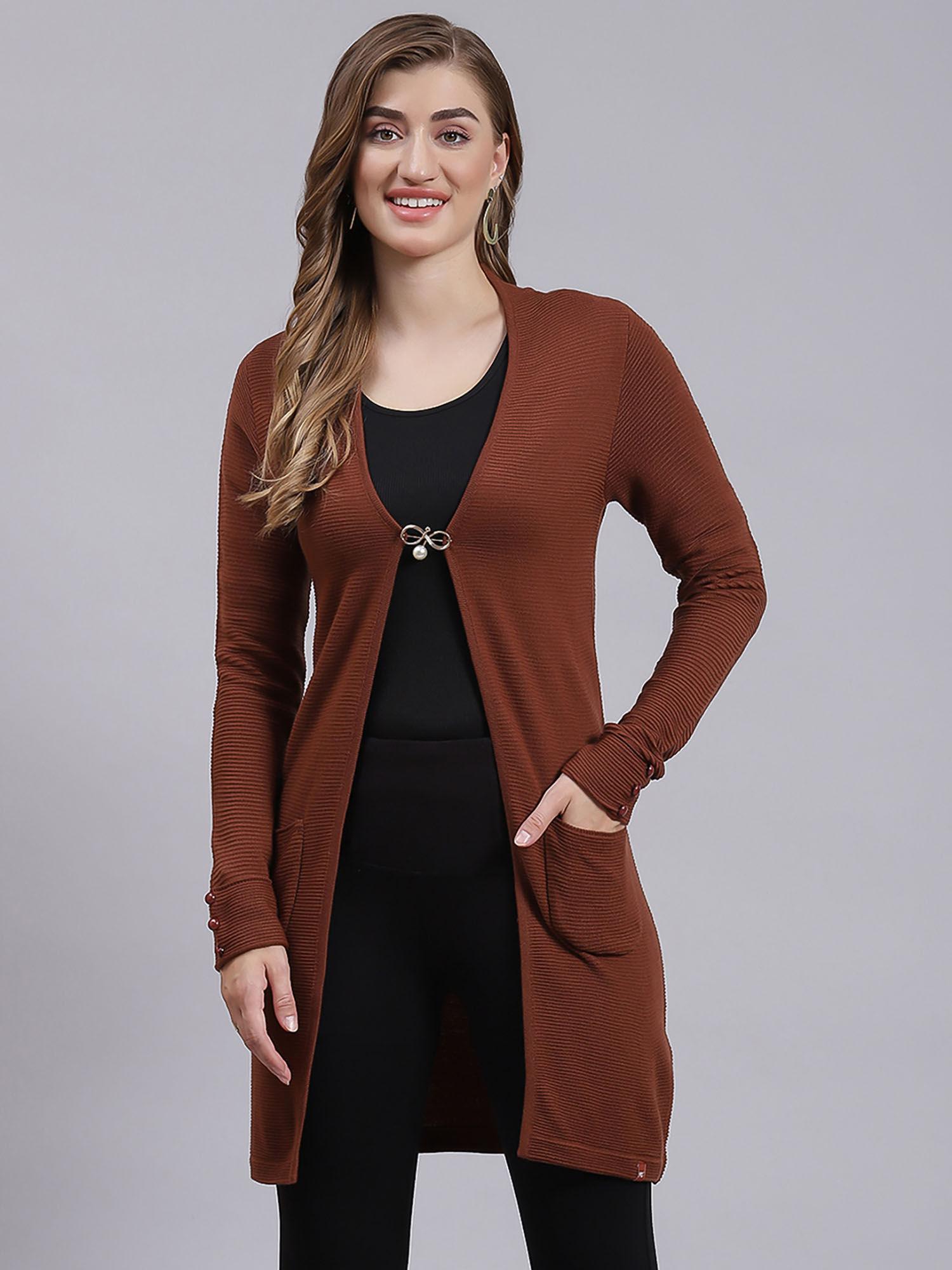 leather brown self design v neck cardigan