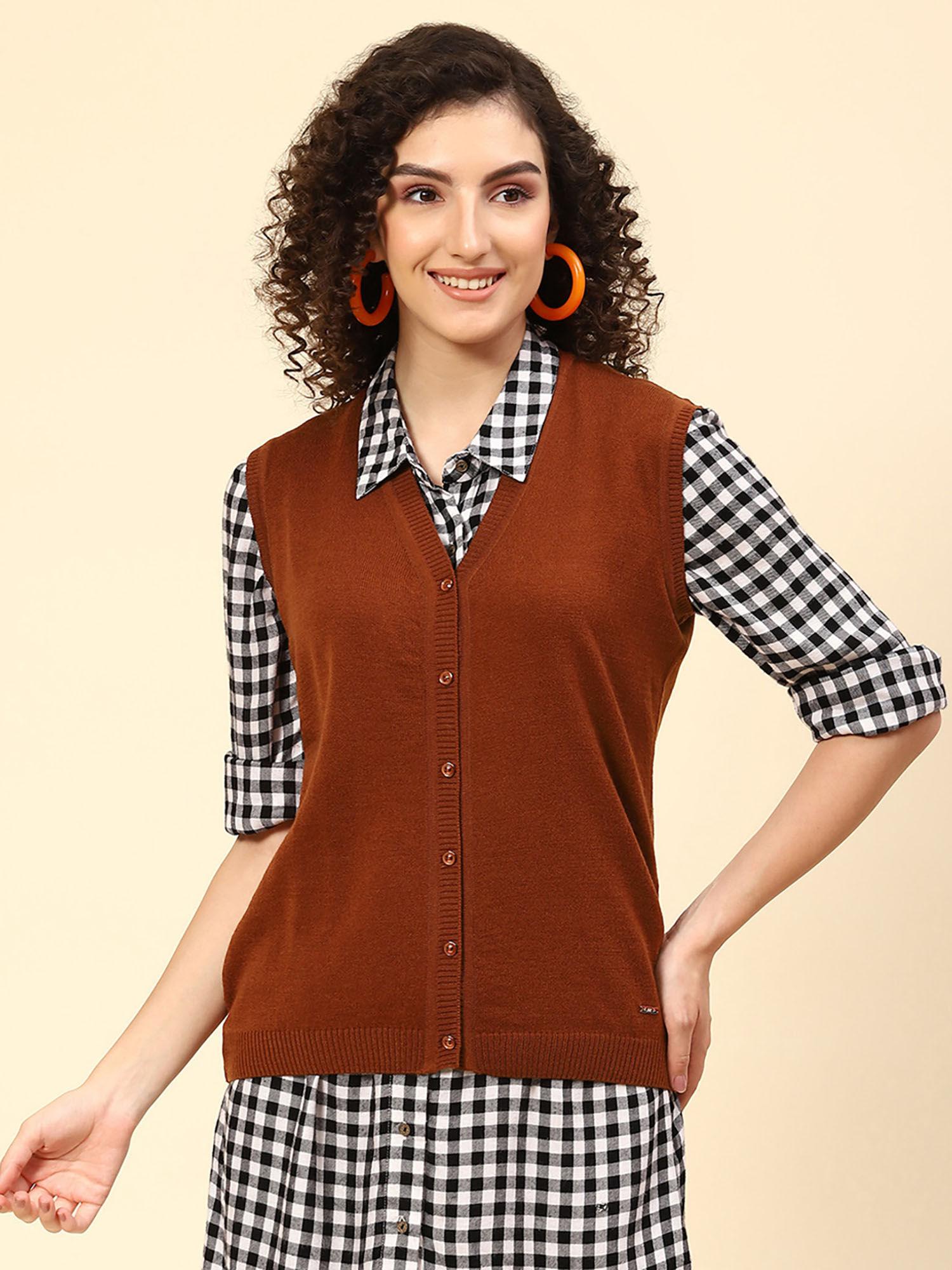 leather brown solid v neck cardigan