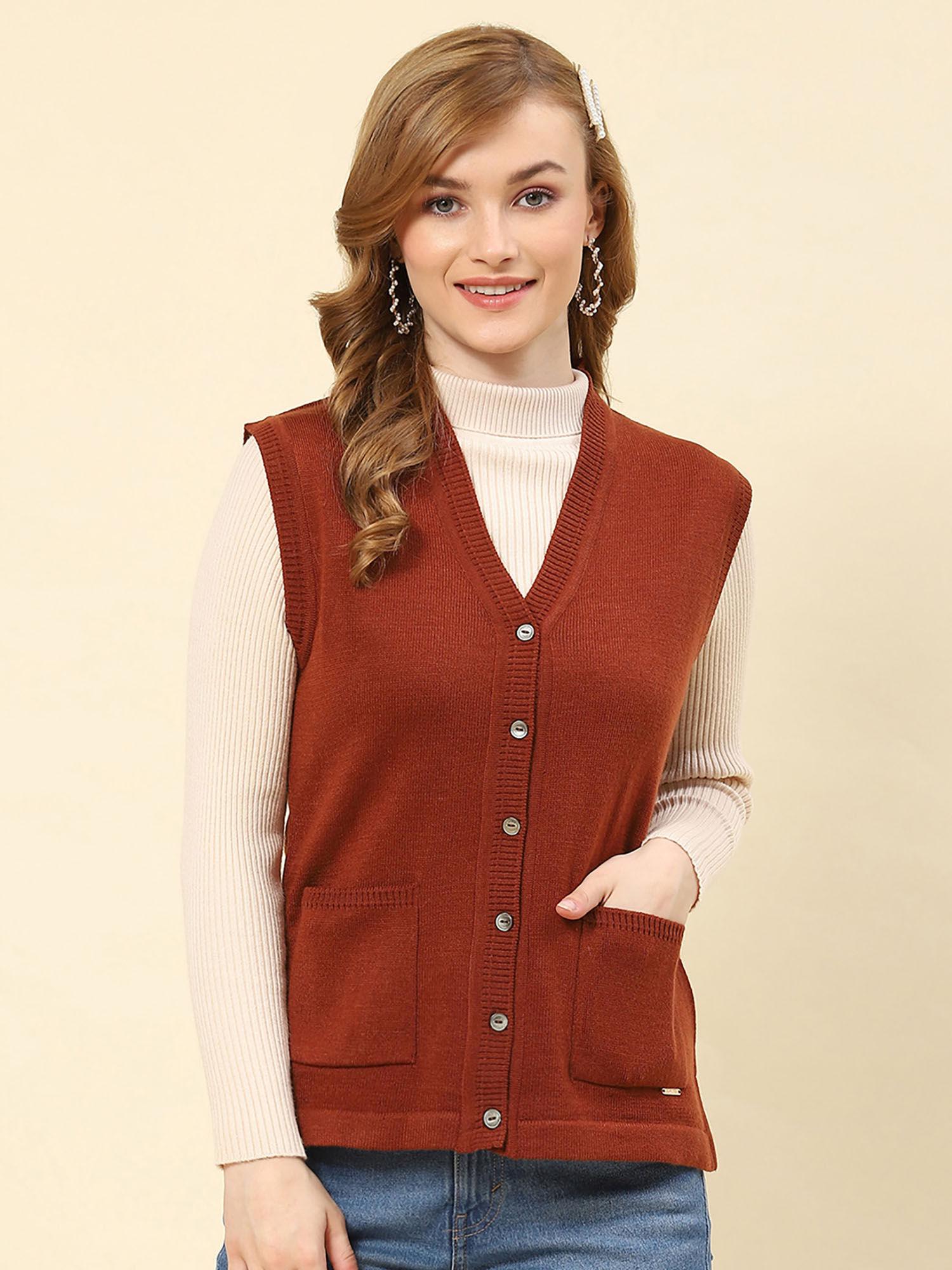 leather brown solid v neck cardigan