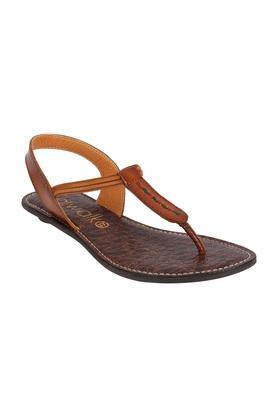 leather buckle womens casual flip flops - tan