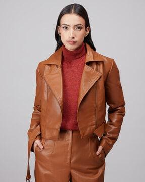 leather crop jacket with notched lapel