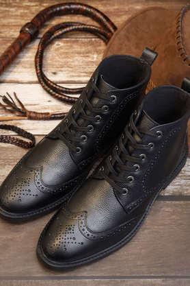 leather lace up men's mid tops boots - black
