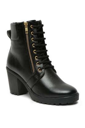 leather lace up women's mid tops boots - black