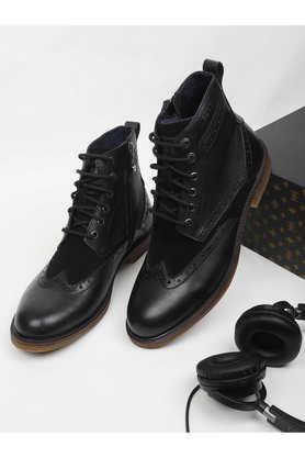 leather mid tops lace up men's boots - black