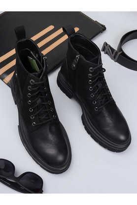 leather mid tops lace up men's boots - black
