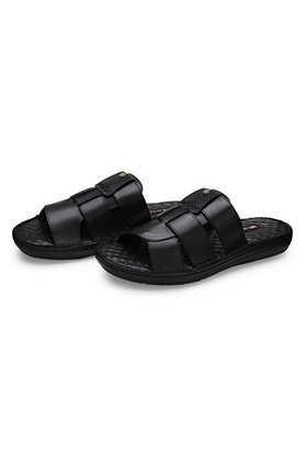 leather mid tops slip-on men's sandals - black