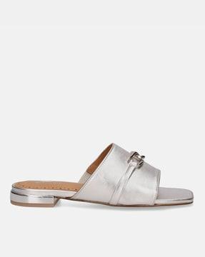 leather mules with metal accent