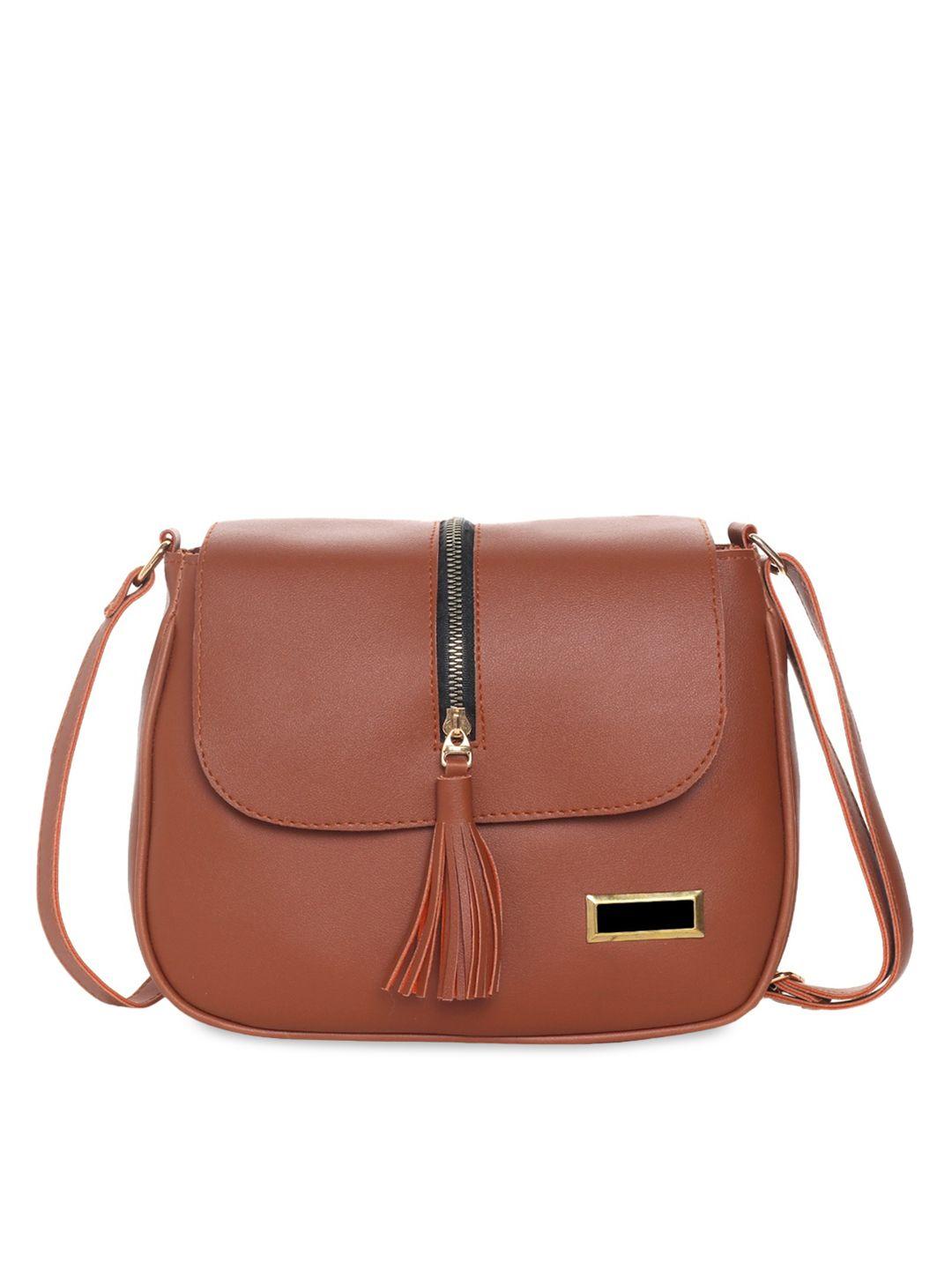 leather retail brown pu structured sling bag with tasselled