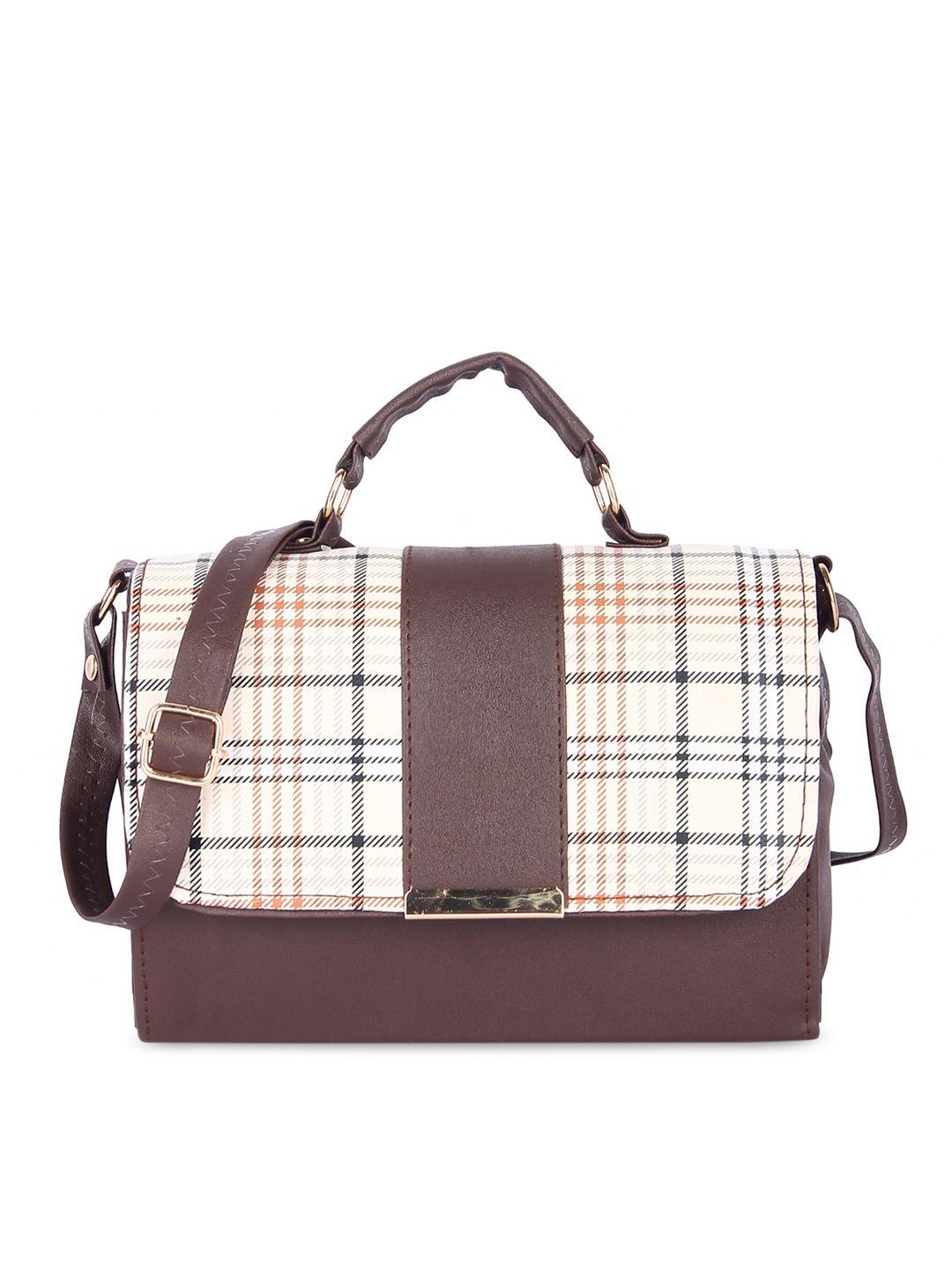 leather retail coffee brown checked pu structured handheld bag