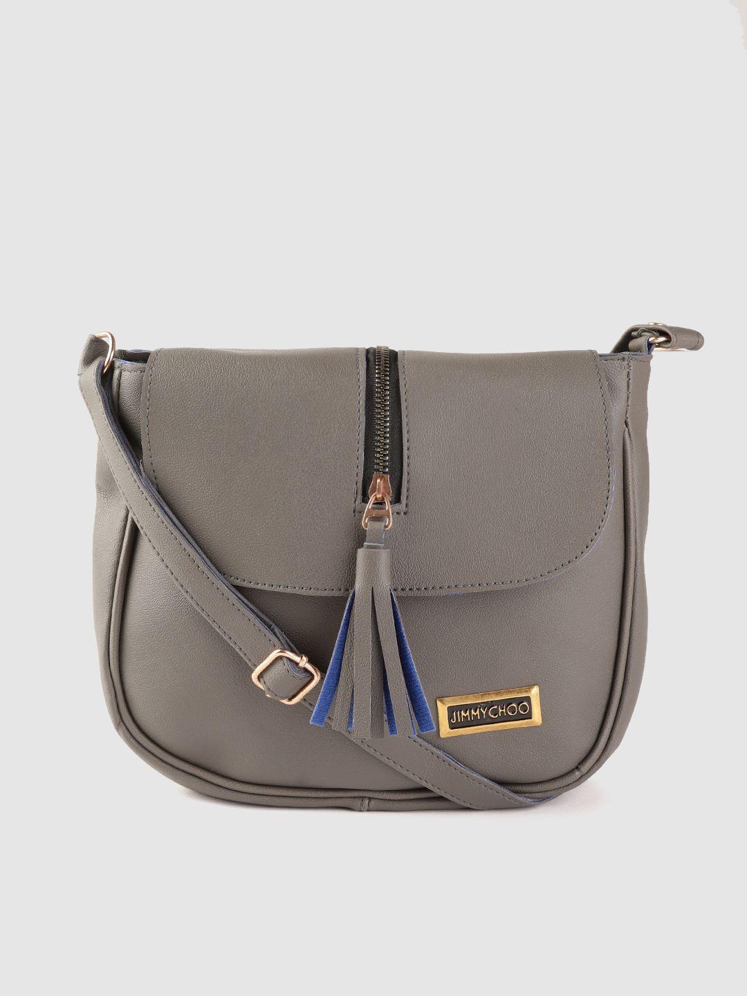 leather retail grey structured sling bag with tassels