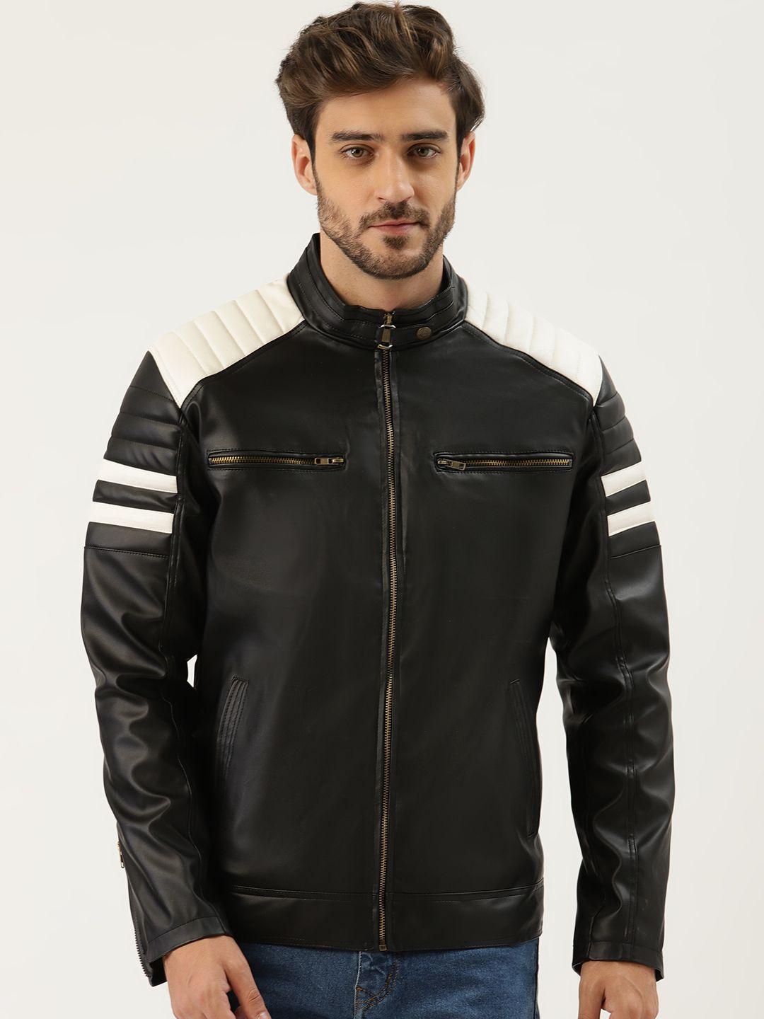 leather retail men black solid leather jacket