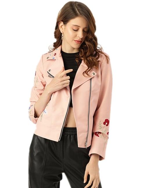 leather retail pink embroidered jacket