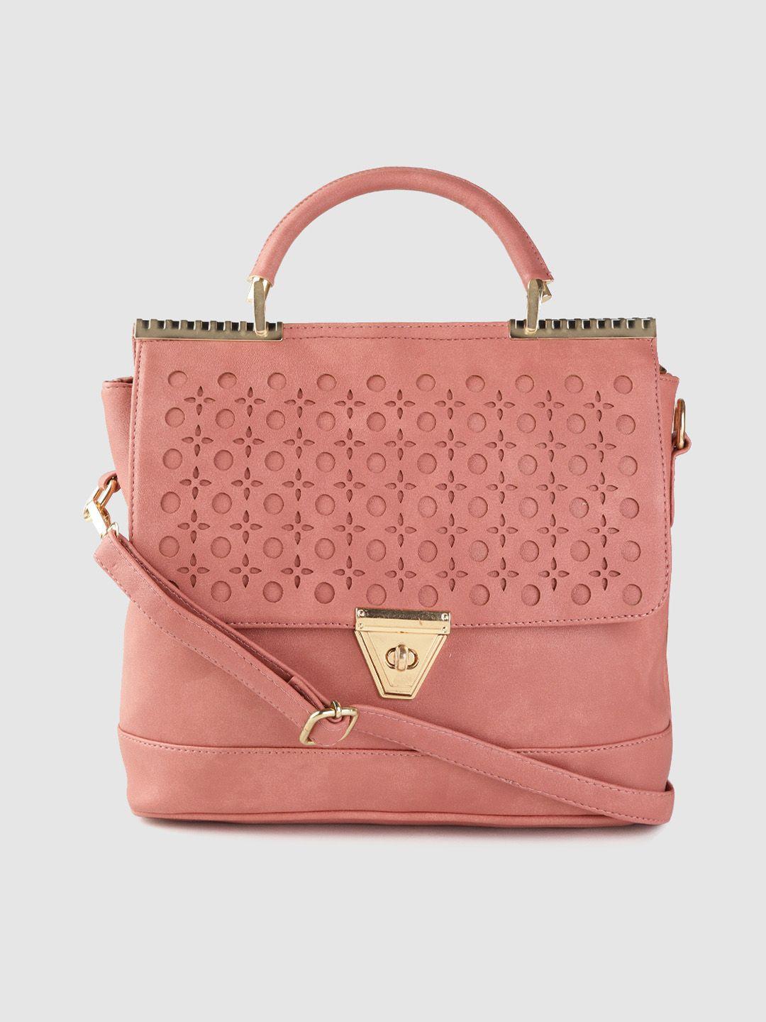 leather retail pink structured satchel bag with cut work